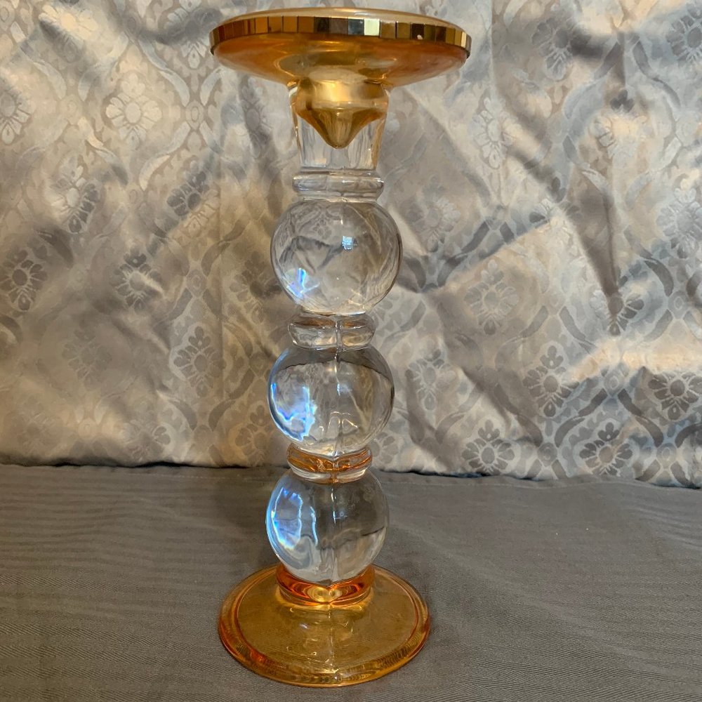 Coloured Glass pillar style Candle Holder Excellent Condition yellow orange ULN